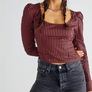 Free People Red and Black Striped Puff Sleeve Blouse